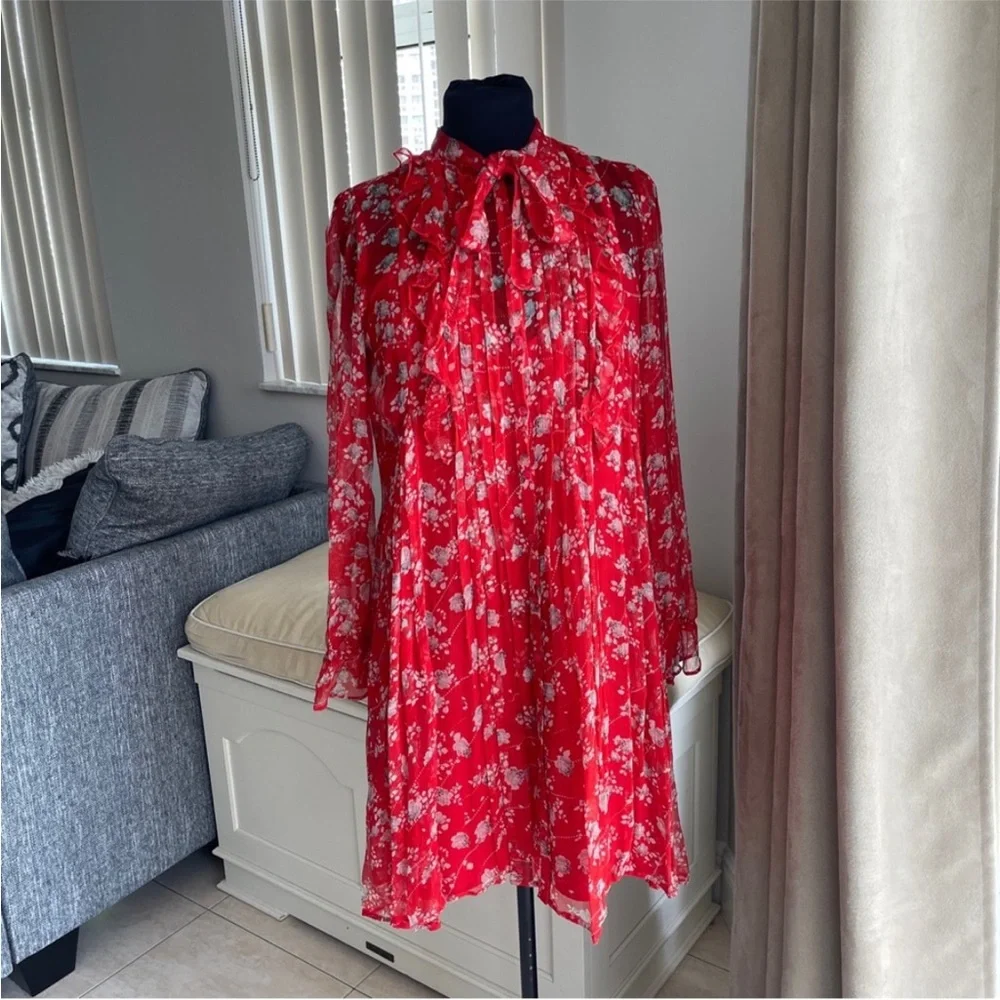 The kooples Red Floral Long Sleeve silk chiffon Dress S - Picture 2 of 9